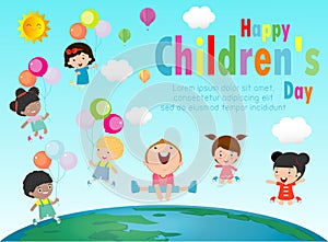 Happy children day background, Group of Kids jumping on the Globe, children`s day poster with happy kids vector illustration