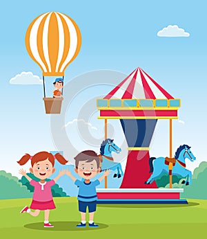 Happy children day design with cartoon happy kids and carousel