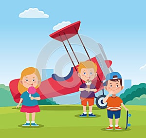 Happy children day design with cartoon happy kids and light aircraft