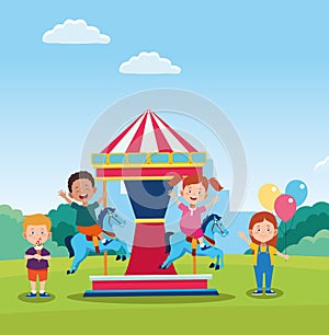 Happy children day design with horse carousel with cartoon happy kids