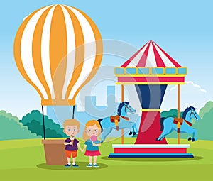 Happy children day design with hot air balloon and horse carousel with cartoon happy kids