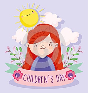 Happy children day, little girl foliage sun cloud ribbon cartoon