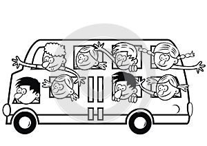 Happy children at decker bus, humorous vector picture