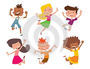 Happy children in different positions big vector jumping cheerful child group and funny cartoon kids joyful team