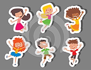 Happy children in different positions big vector jumping cheerful child group and funny cartoon kids joyful team