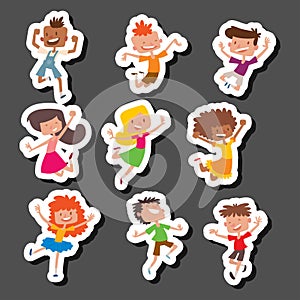 Happy children in different positions big vector jumping cheerful child group and funny cartoon kids joyful team