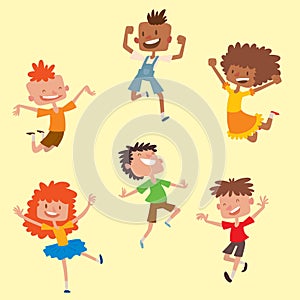 Happy children in different positions big vector jumping cheerful child group and funny cartoon kids joyful team