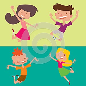 Happy children in different positions big vector jumping cheerful child group and funny cartoon kids joyful team