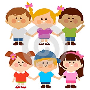 Happy children. Diverse group of boys and girls holding hands. Vector illustration