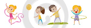 Happy Children Doing Sport and Physical Exercise Vector Set
