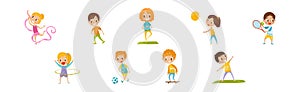 Happy Children Doing Sport and Physical Exercise Vector Set