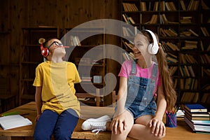 Happy children enjoying studying and happy time on homeschooling photo