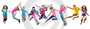 Happy children exercising and jumping over white