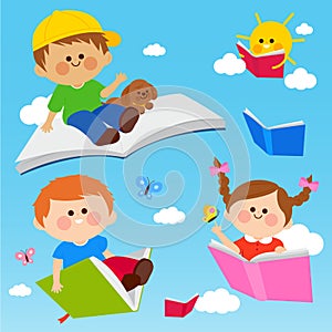 Happy children flying with books in the sky. Vector illustration