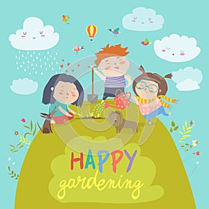 Happy children gardening