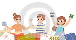 Happy children with gift boxes. Joyful kids holding present box and package with bows and ribbons. Cartoon birthday