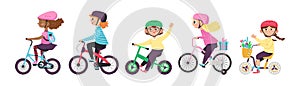 Happy children girls and boys biking on bikes a flat vector illustrations.