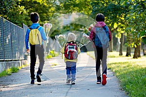 Happy children, going to school in the morning, first day, caring bouquet of flowers for the teacher