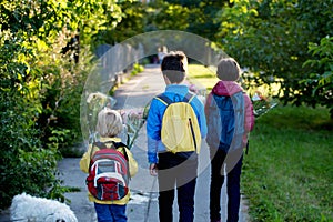 Happy children, going to school in the morning, first day, caring bouquet of flowers for the teacher