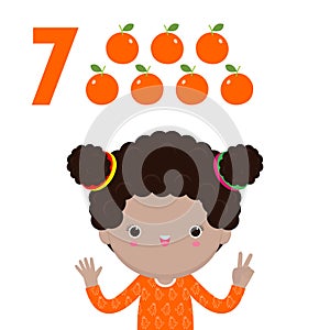 Happy children with hand showing the number seven, cute kids showing numbers 7 by fingers. little child study math count fruit