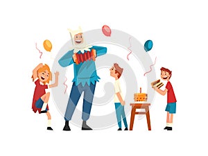 Happy Children Having Fun with Animator at Birthday Party, Entertainer in Festive Costume Performing Before Kids Vector