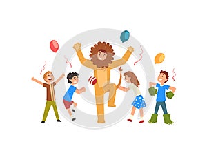 Happy Children Having Fun with Animator in Lion Costume at Birthday or Carnival Party, Entertainer in Festive Costume