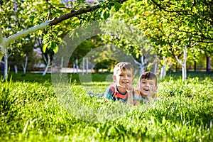 Happy children having fun outdoors. Kids playing in summer park. Little boy and his brother laying on green fresh grass holiday