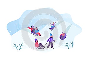 Happy Children Having Fun Sledding on Tubing and Sleds Downhill During Winter. Christmas and New Year Holidays