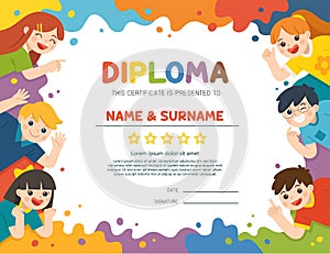 Happy children having fun together. Children look up with interest. Template for Certificate kids diploma