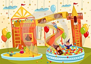 Happy children having fun together in playroom, people vector illustration