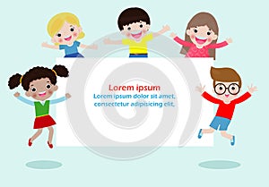 Happy children holding blank signs poster. Template for advertising brochure. Ready for your message. Space for text. cartoon kids
