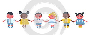 happy children holding hands. Diverse group of baby girls and baby boys. Cute cartoon characters