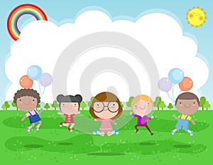 Happy children jumping and dancing on the park, kids activities,  children playing in playground, Template for advertising