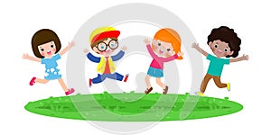 Happy children jumping and dancing on the park, kids activities,  children playing in playground, Template for advertising