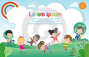 Happy children jumping and dancing on the park, kids activities, children playing in playground, Template for advertising brochure