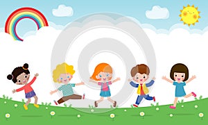 Happy children jumping and dancing together on the park, kids activities, children playing in playground, Template for advertising