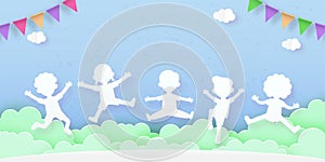 Happy children jumping greeting card in paper cut style with group of kids background poster for advertising brochure banner