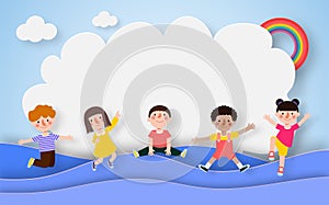 Happy children jumping greeting card in paper cut style with group of kids background poster for advertising brochure banner