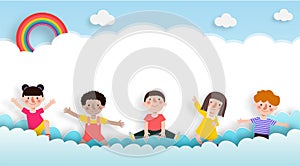 Happy children jumping greeting card in paper cut style with group of kids background poster for advertising brochure banner