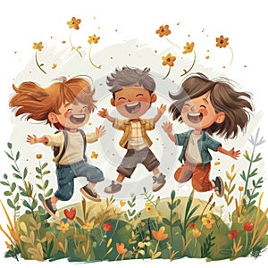 Happy children jumping in the meadow, Children's Day concept.