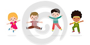 Happy children jumping in outdoors Concept, little kids activities, children playing in playground flat Funny cartoon isolated