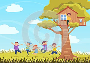 Happy children jumping, tree house, summer meadow, colorful illustration Free Vector