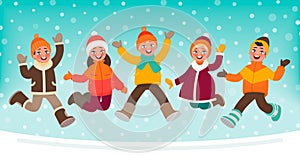 Happy children jumping on a winter background. Vector illustration