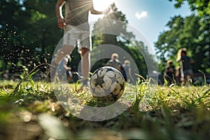 happy children kick football in the park