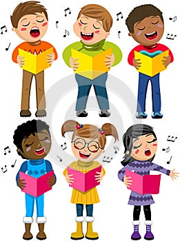 Happy Children Kid Singing Winter Choir Book Isolated