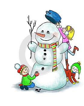 Happy children making a snowman in winter