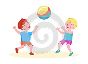 Happy children play ball. Vector illustration in cartoon style. Isolated on a white background.