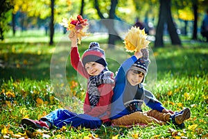 Happy children playing in beautiful autumn park on warm sunny fall day. Kids play with golden maple leaves