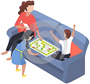 Happy children playing board game with parents, have fun at home. Family entertainment scenes set