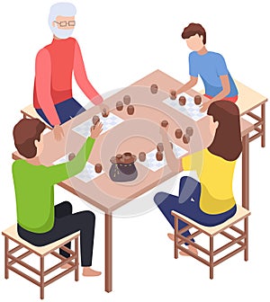 Happy children playing board game with parents, have fun at home. Family entertainment scenes set